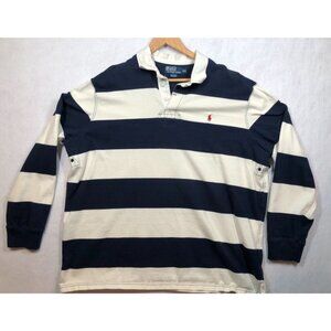 Vtg Polo Ralph Lauren Rugby Shirt Long Sleeved Navy Blue White Striped Men's XXL